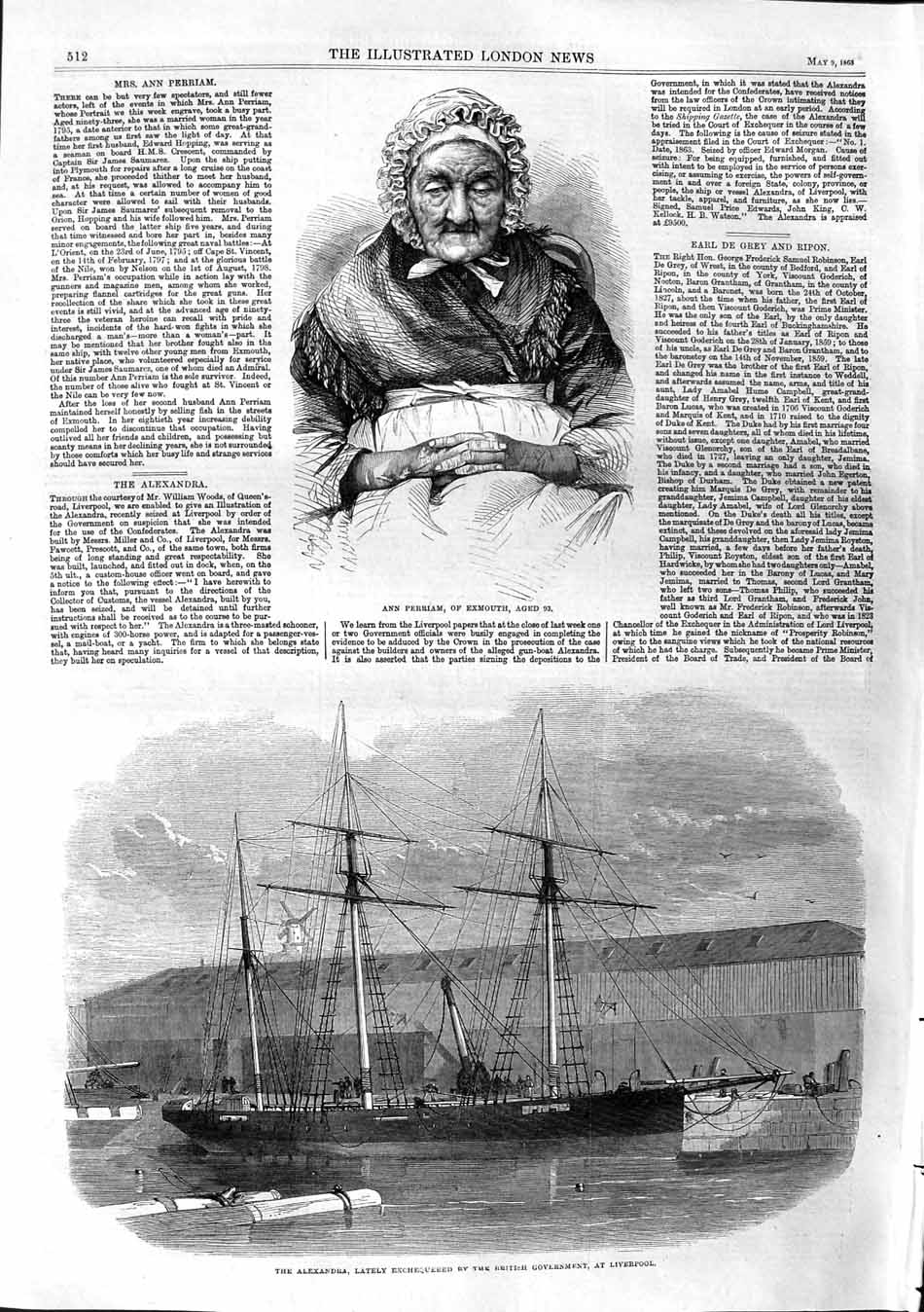 Original Old Antique Print 1863 Ann Perriam Exmouth Alexandra Ship Li Victorian