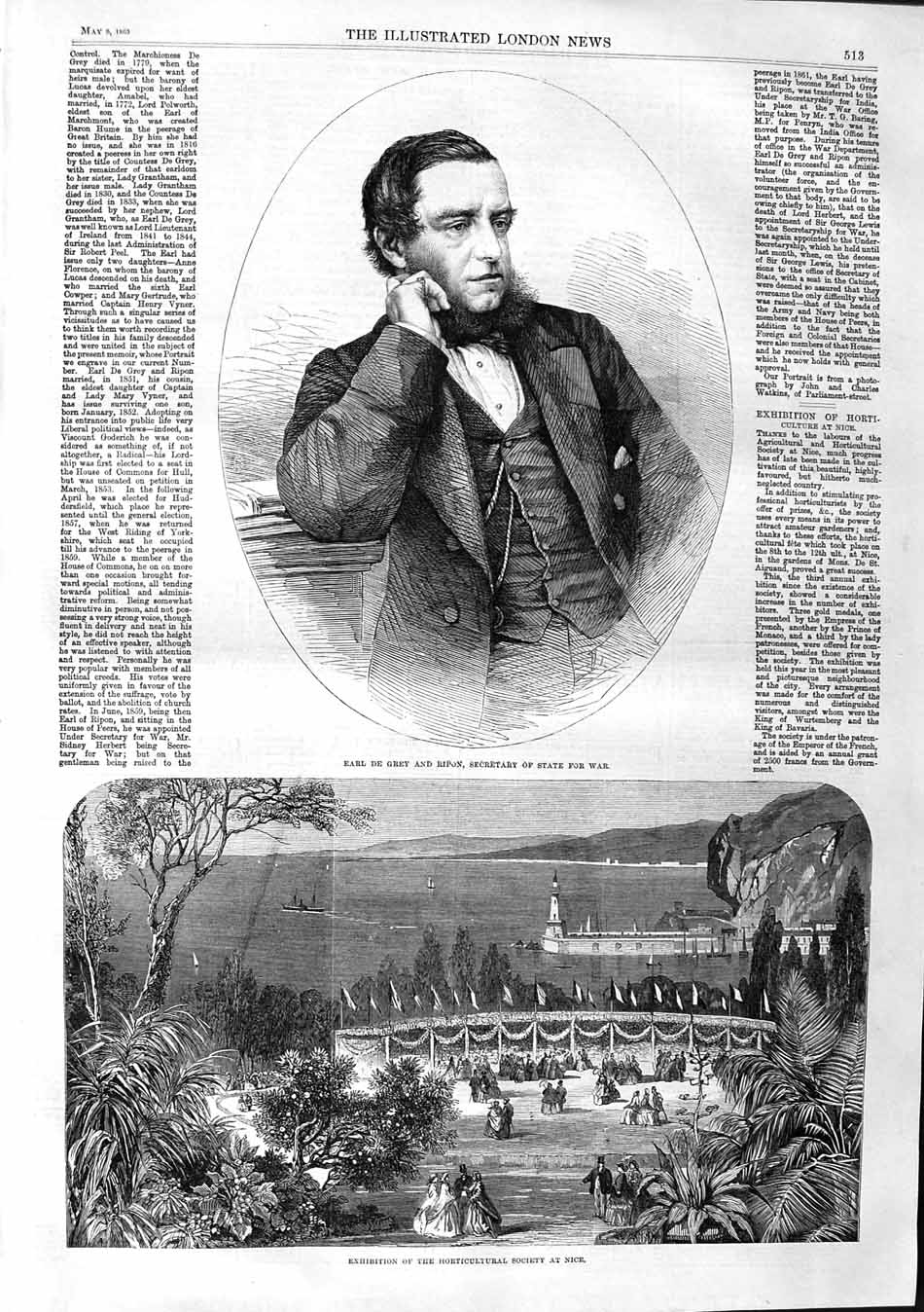 Old Antique Print 1863 Earl De Grey Ripon Secretary State War Nice France 19th