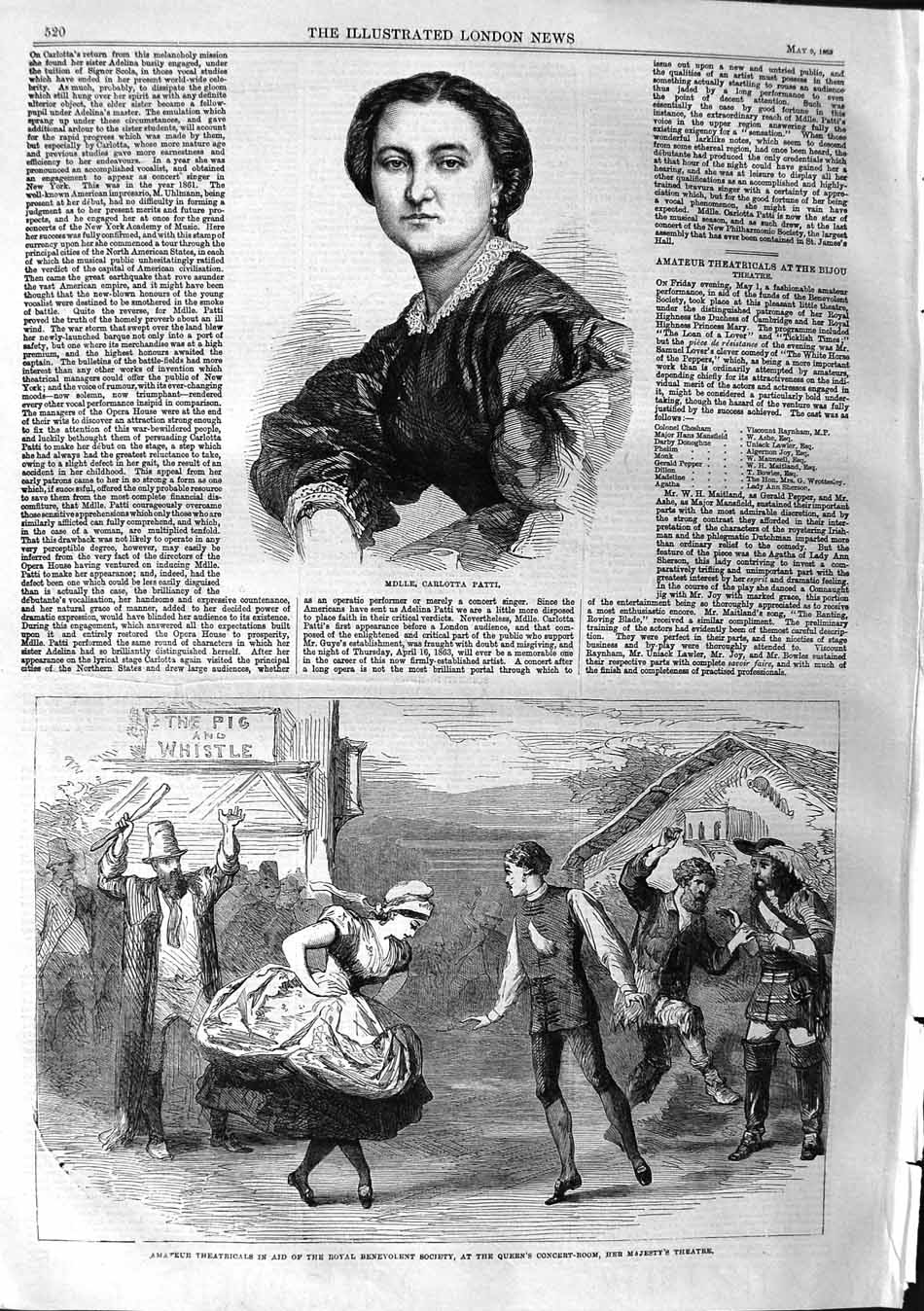 Old Antique Print 1863 Portrait Carlotta Patti Theatre Benevolent Queen 19th