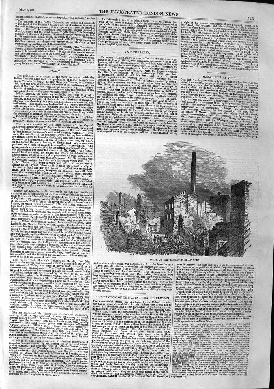 Original Old Antique Print 1863 Scene Fire York England Buildings Ruins 19th