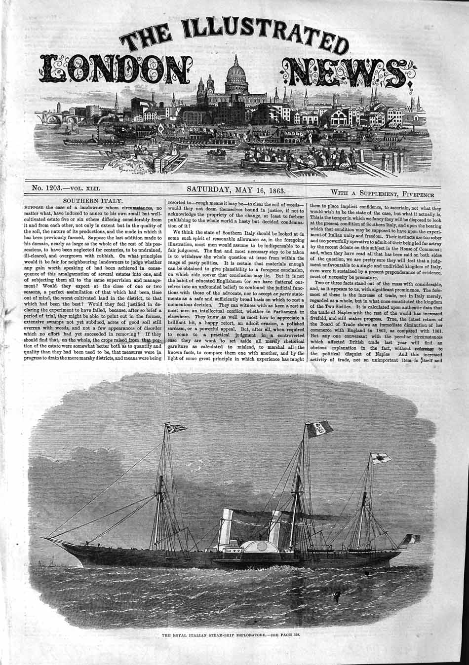 Original Old Antique Print 1863 Royal Italian Steam Ship Esploratore Victorian