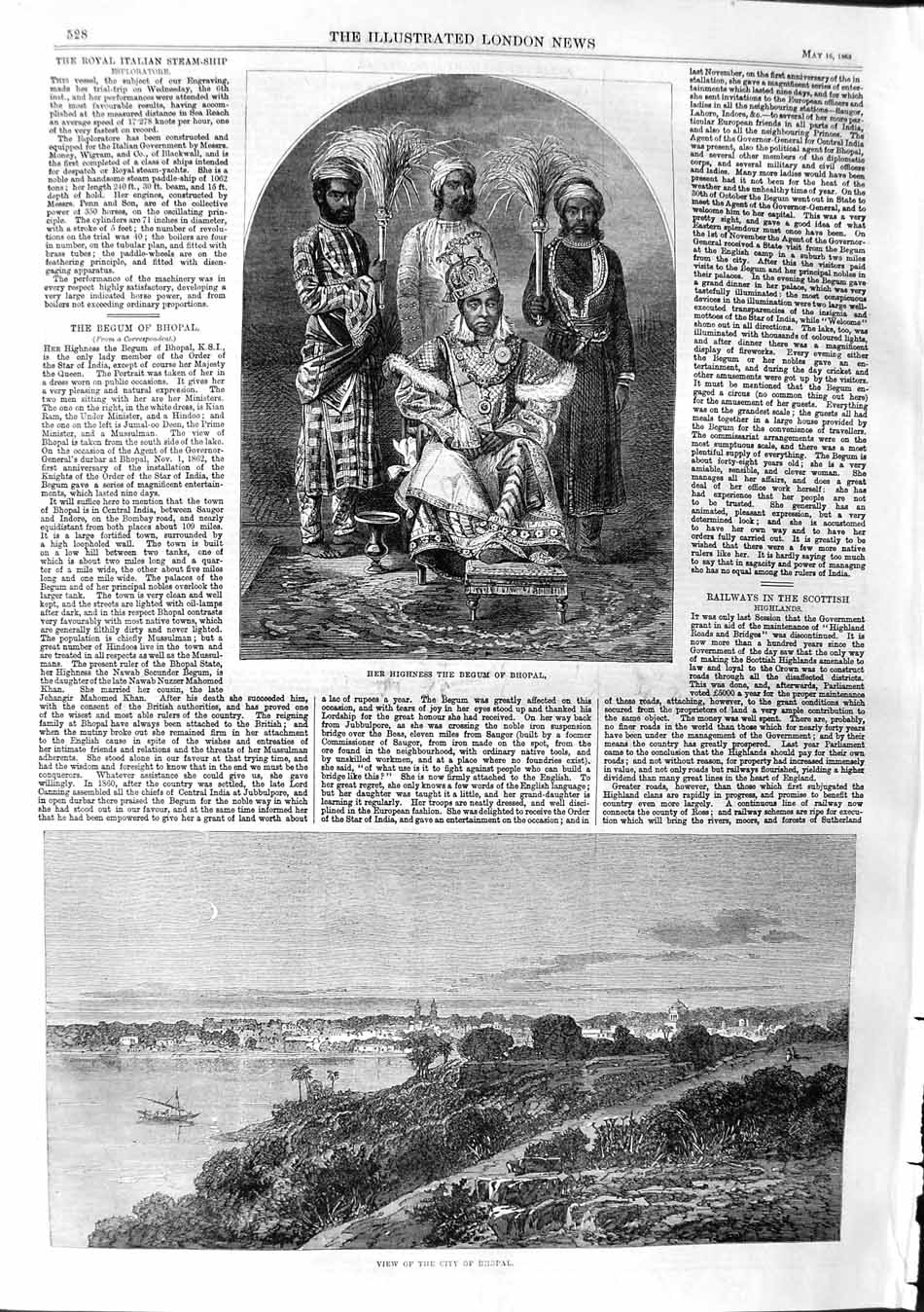 Original Old Antique Print 1863 View City Phopal Her Highness Begum Lady 19th