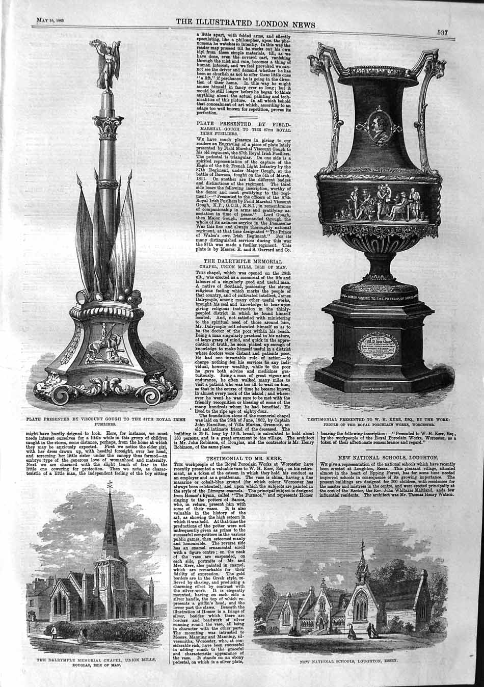 Original Old Antique Print 1863 Dalrymple Chapel School Essex Kerr Gough Irish
