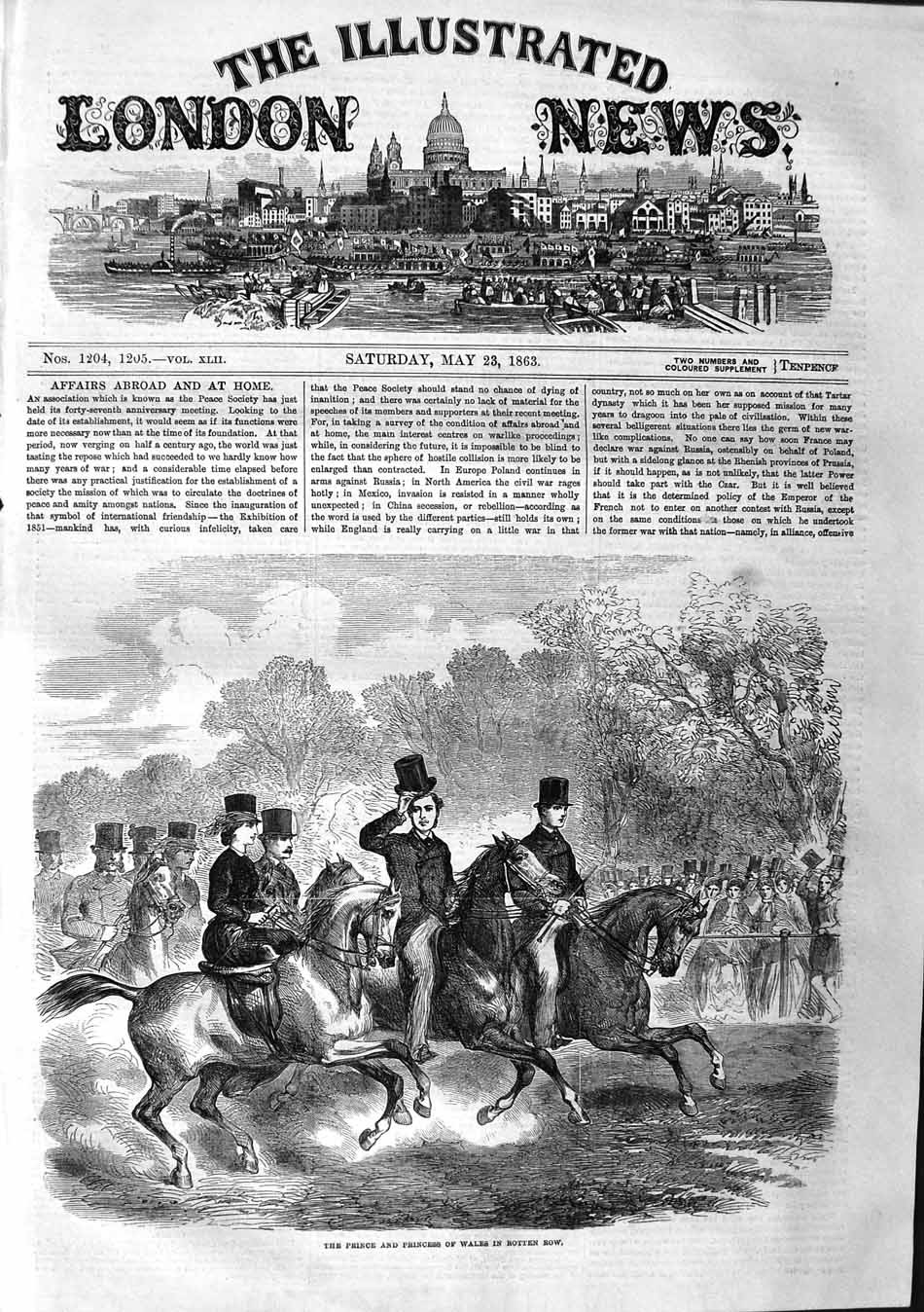 Original Old Antique Print 1863 Prince Princess Wales Rotten Row Horses 19th
