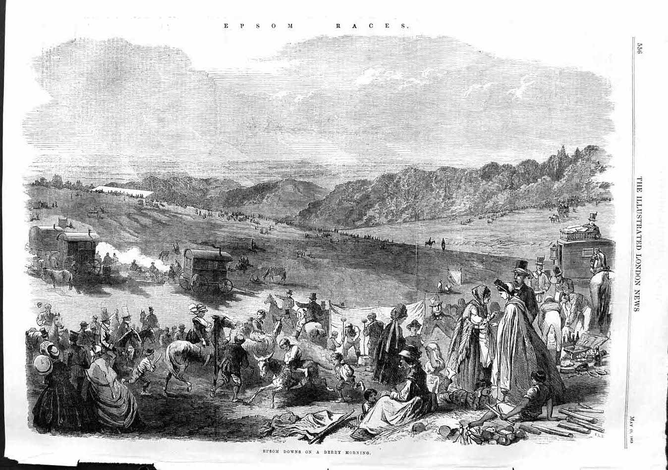 Original Old Antique Print 1863 Epsom Horse Races Downs Sport Waggons Camp 19th