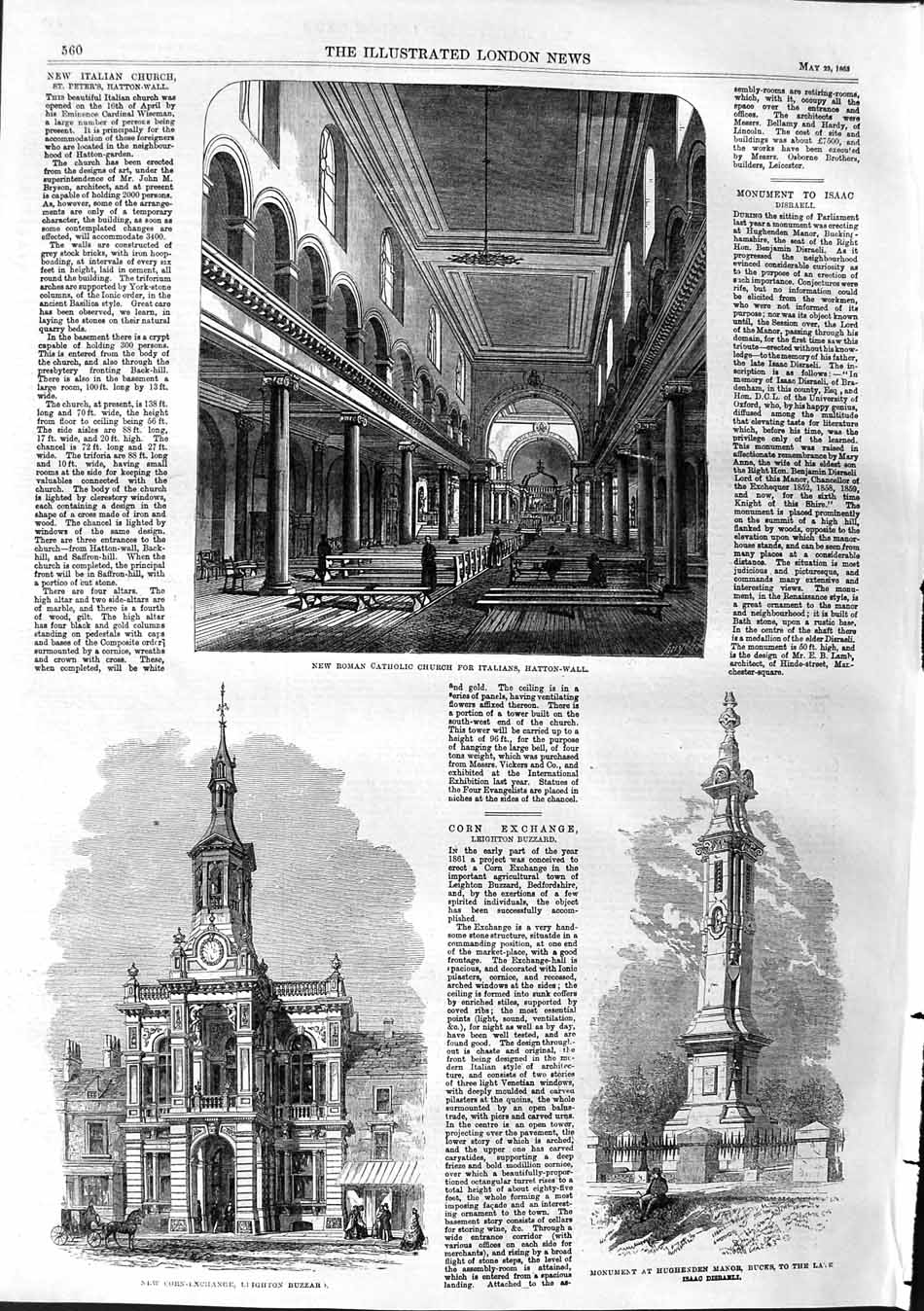 Original Old Antique Print 1863 Roman Catholic Church Hatton-Wall Corn-Exchange