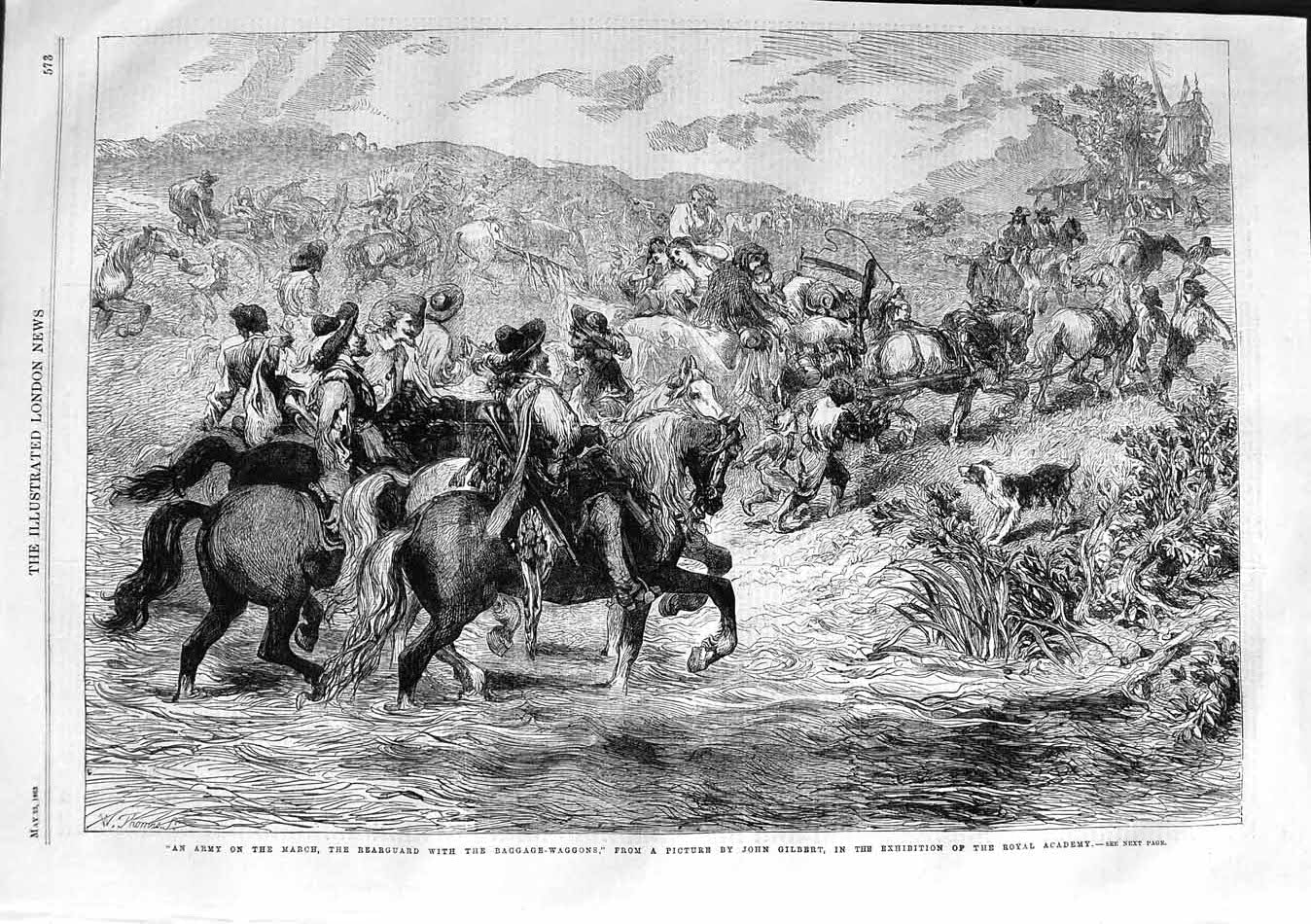 Original Old Antique Print 1863 Marching Army Rearguard Baggage Waggons War