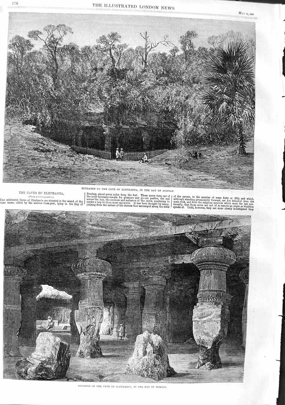 Old Antique Print 1863 Interior Entrance Cave Elephanta Bay Bombay India 19th
