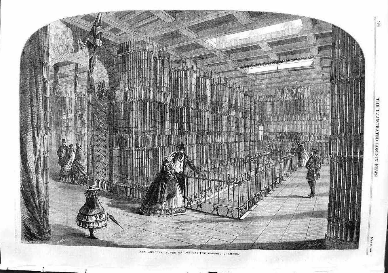 Old Antique Print 1863 Armoury Tower London Council Chamber Arms Weapons 19th