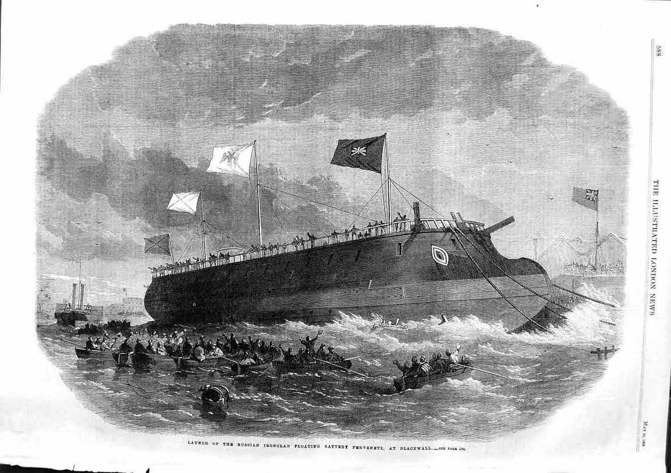 Old Antique Print 1863 Russian Ship Ironclad Battery Pervenetz Blackwall 19th