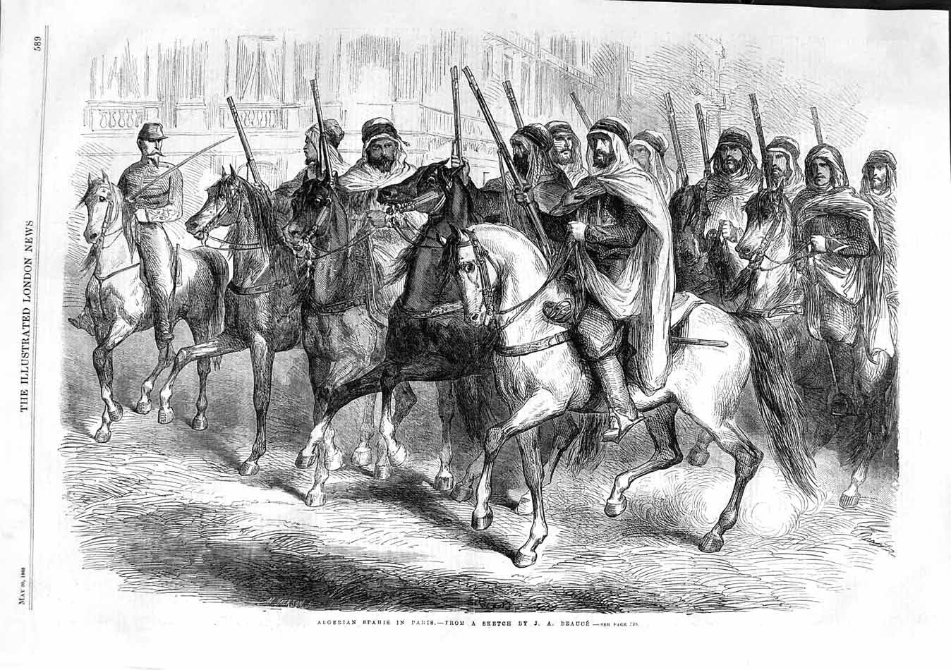 Original Old Antique Print 1863 Algerian Spahis Paris France Horses Victorian