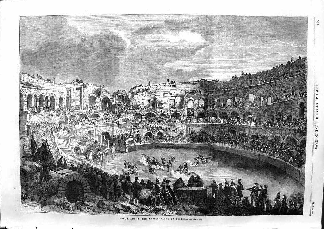 Original Old Antique Print 1863 Bull Fight Amphitheatre Nismes Sport Fine Art