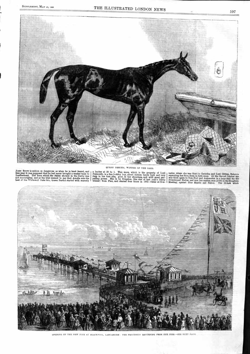 Original Old Antique Print 1863 Queen Bertha Horse Pier Blackpool Lancashire