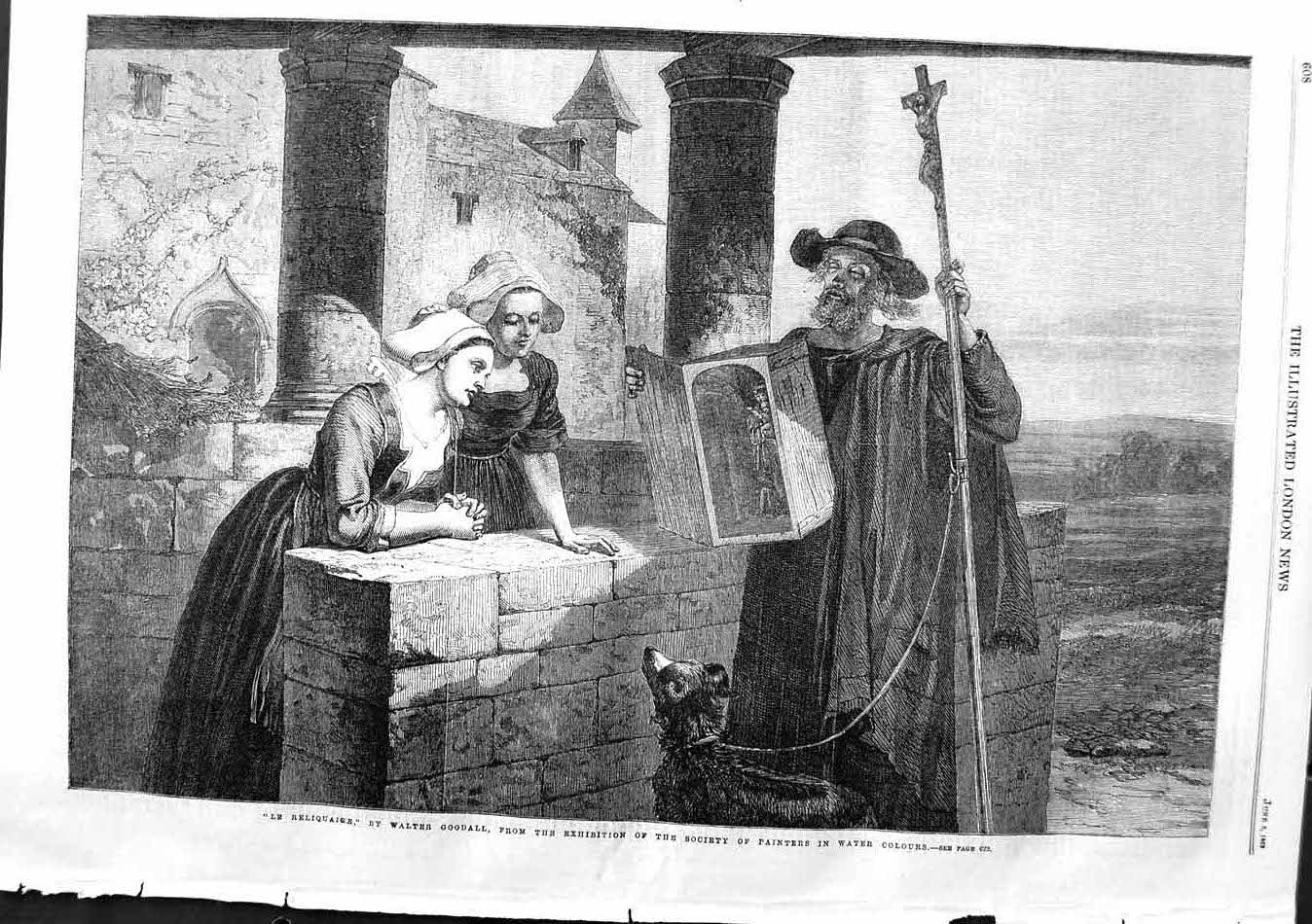 Original Old Antique Print 1863 Walter Goodall Art Ladies Man Dog Victorian