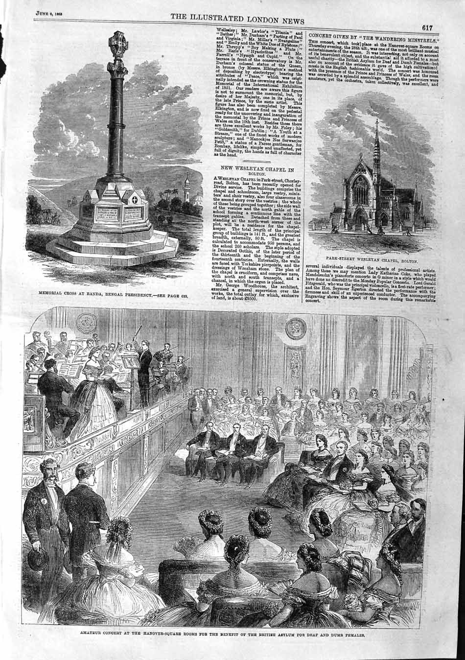 Old Antique Print 1863 Wesleyan Chapel Bolton Cross Banda Concert Asylum 19th