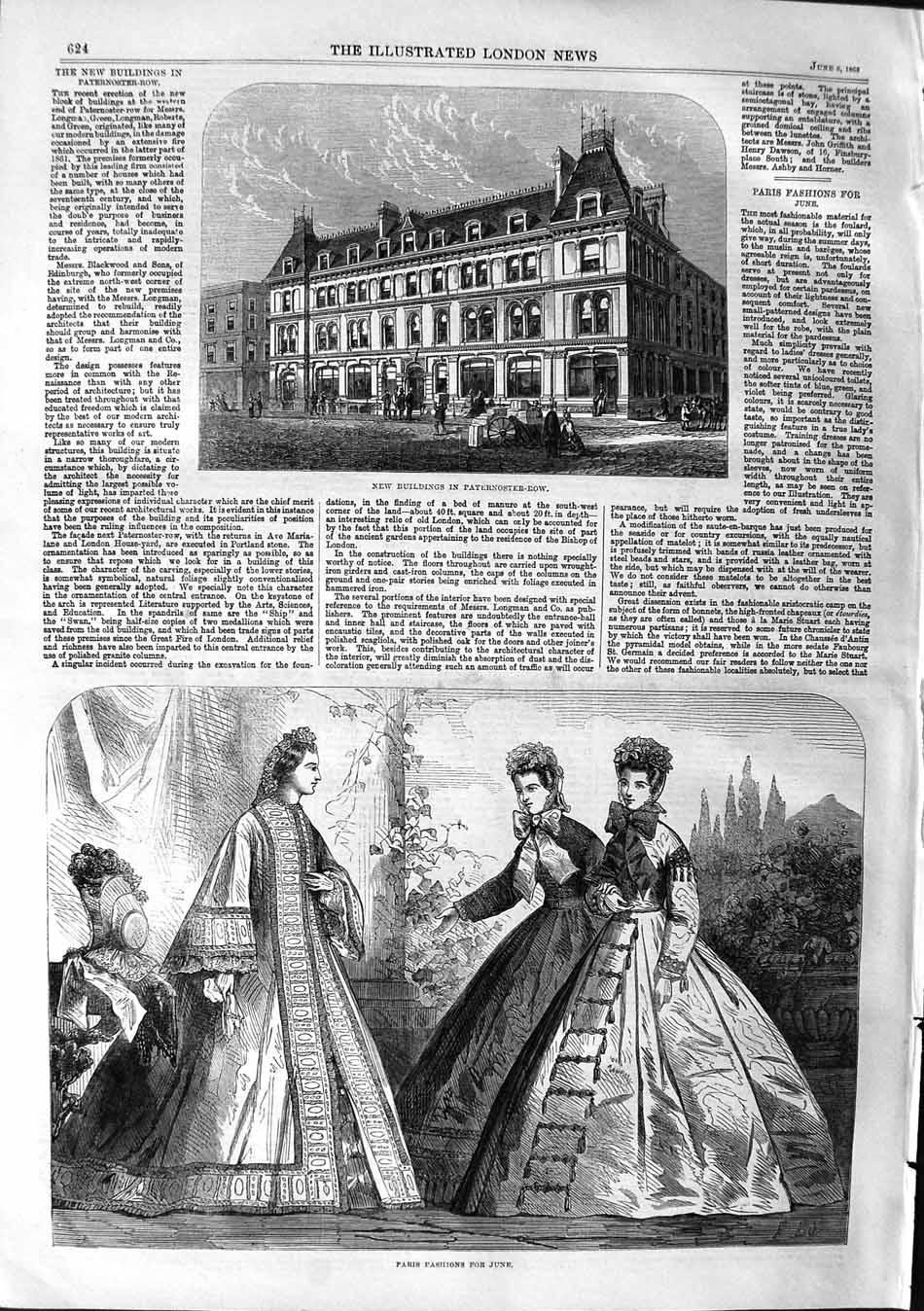 Original Old Antique Print 1863 Buildings Paternoster Row Paris Fashion Dresses