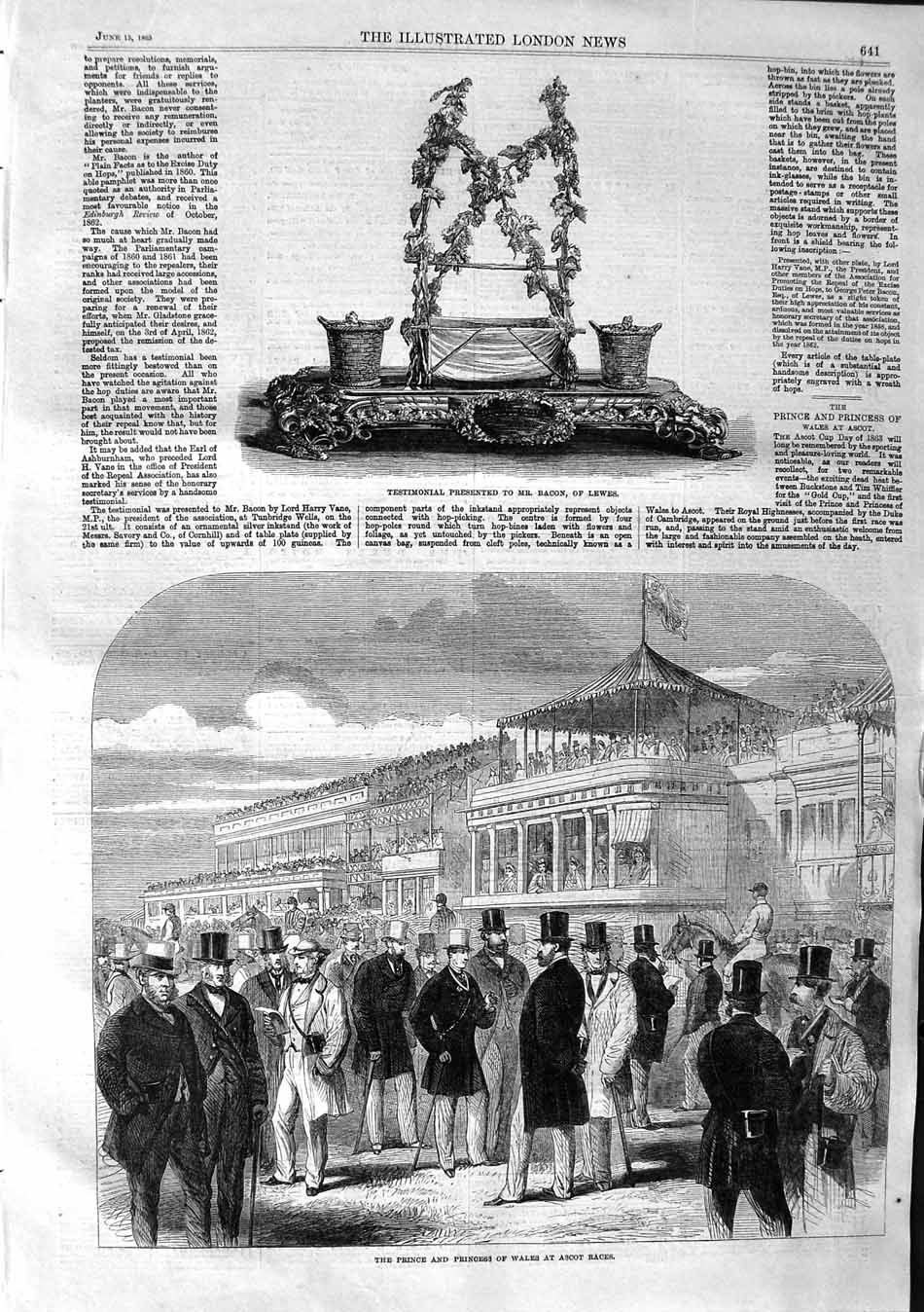 Old Antique Print 1863 Testimonial Bacon Lewes Prince Wales Ascot Races 19th