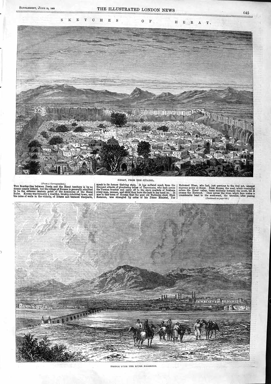 Old Antique Print 1863 Heart Citadel Bridge River Herirood Masella Ruins 19th