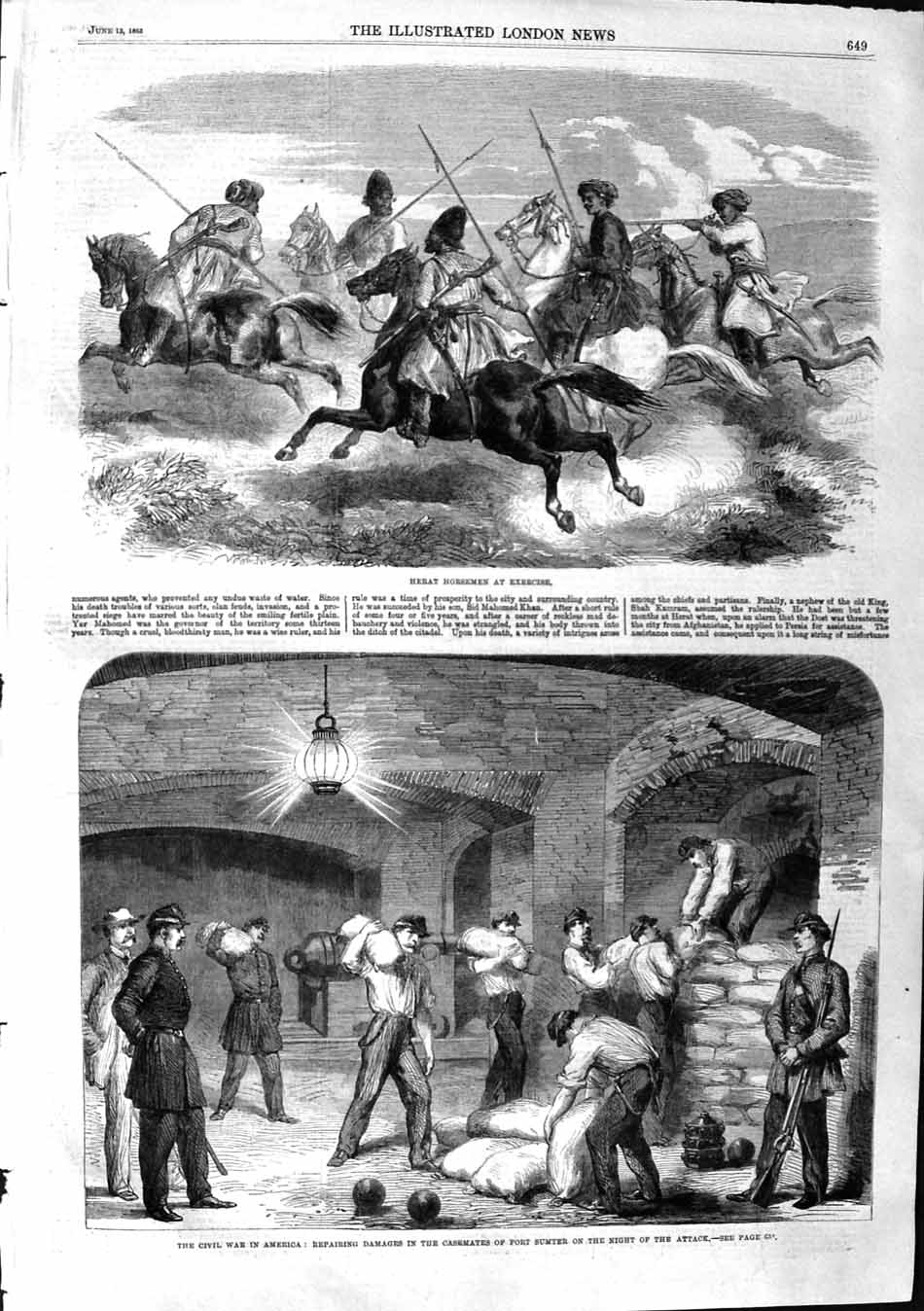 Original Old Antique Print 1863 Heart Horsemen War America Fort Sumter Siers