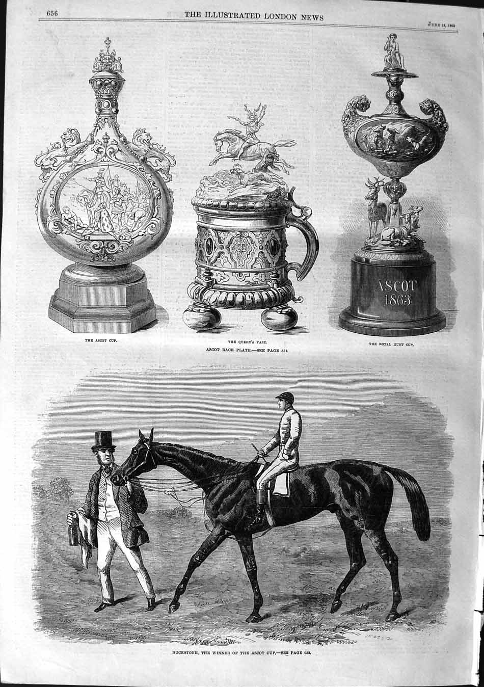 Original Old Antique Print 1863 Ascot Race Plate Buckstone Horse Sport Queen''S