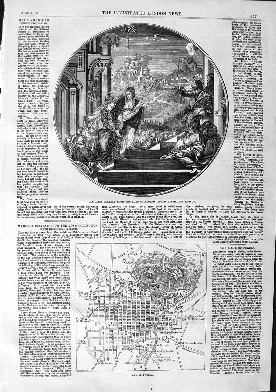 Old Antique Print 1863 Majolica Plateau Art Plan Puebla Loreto Guadalupe 19th