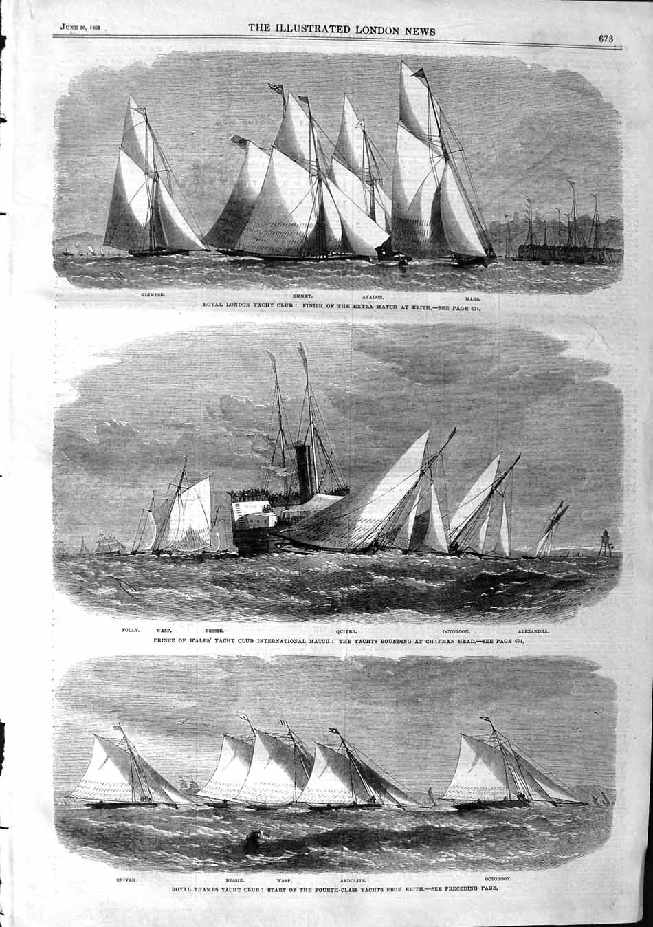 Original Old Antique Print 1863 London Yacht Club Emmet Wasp Bessie Quiver Mars