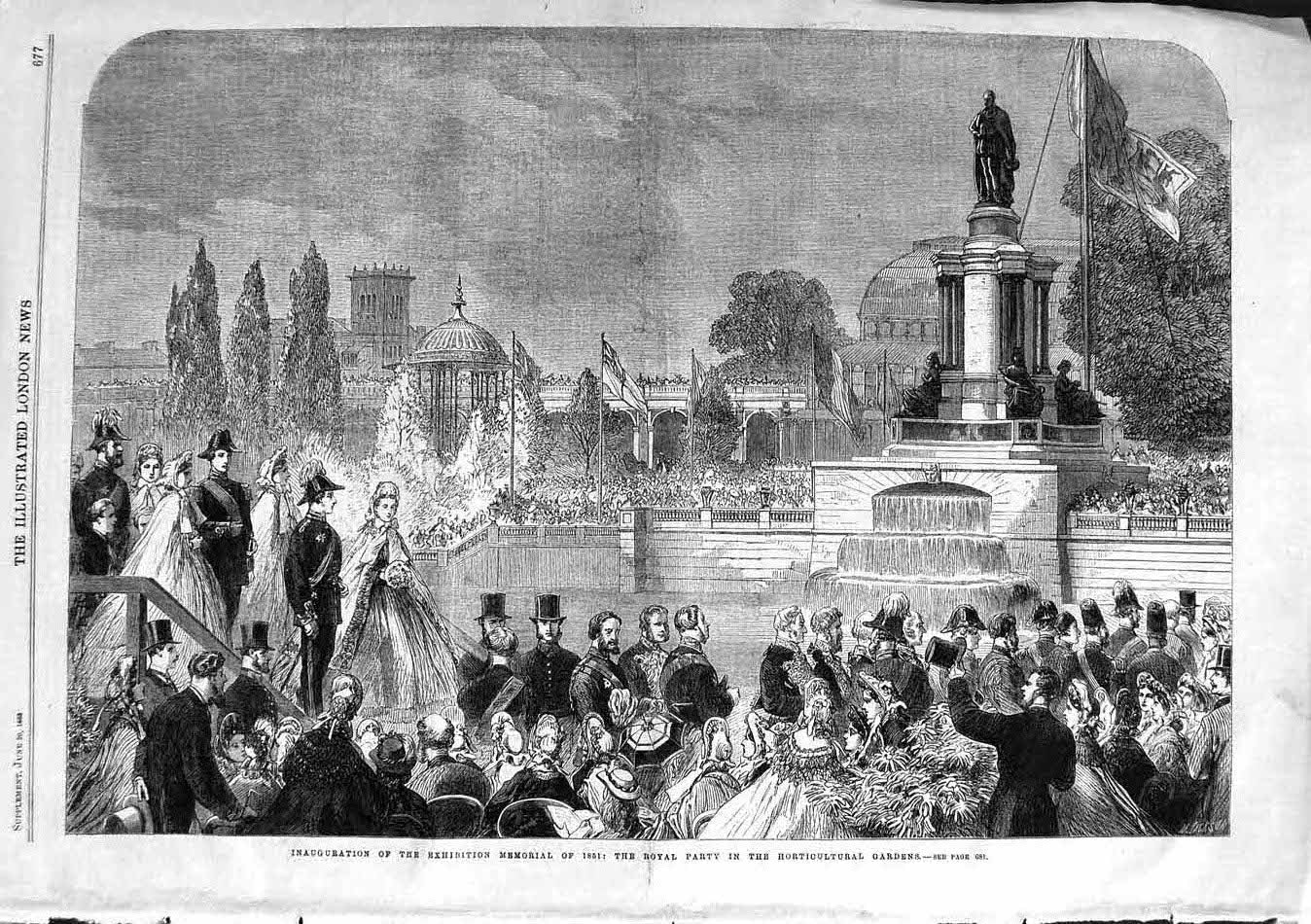 Original Old Antique Print 1863 Royal Party Horticultural Gardens Memorial 19th