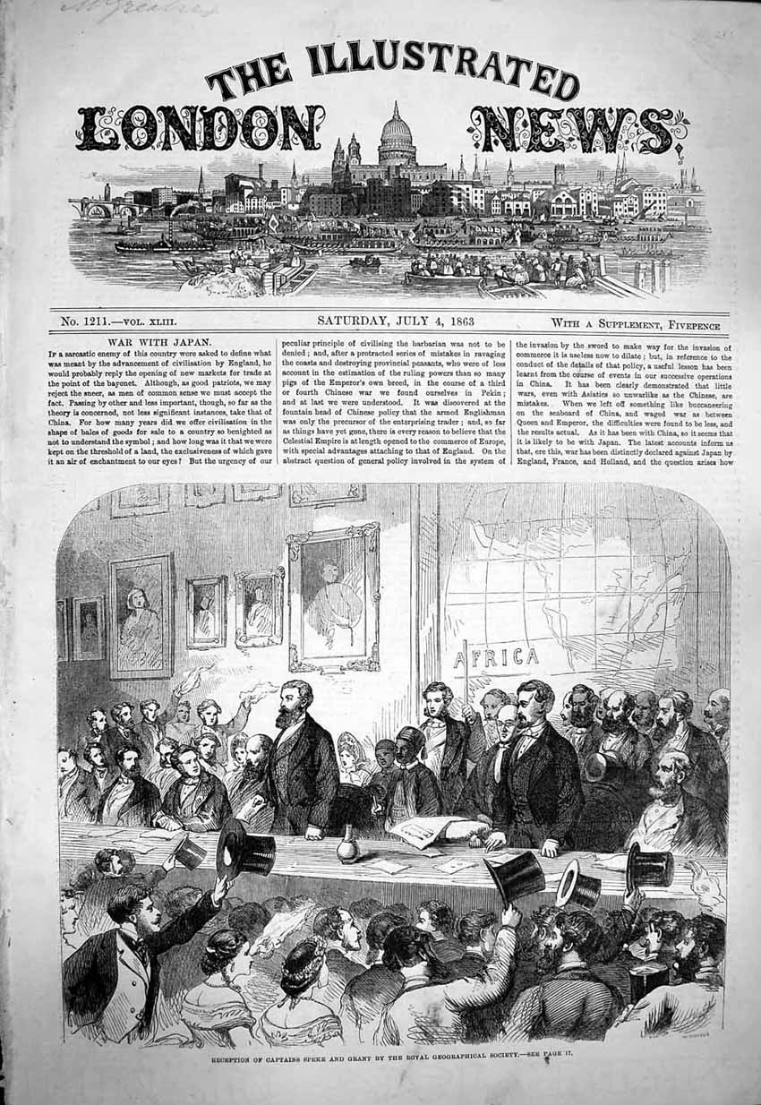 Old Antique Print 1863 Reception Captain Speke Royal Geographical Society 19th