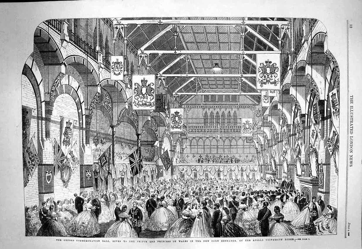 Original Old Antique Print 1863 Oxford Commemoration Ball Prince Wales Exchange