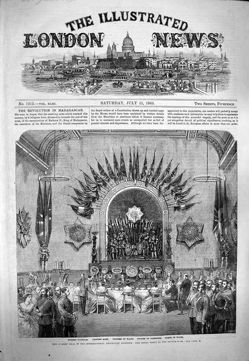 Original Old Antique Print 1863 Guards Hall Exhibition Building Prince Duchess
