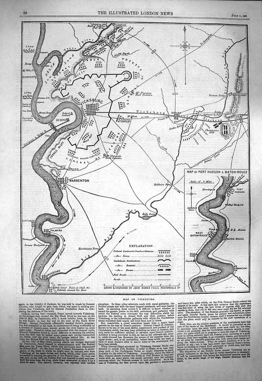Original Old Antique Print 1863 Map Vicksburg Port Hudson Baton-Rouge Warrenton