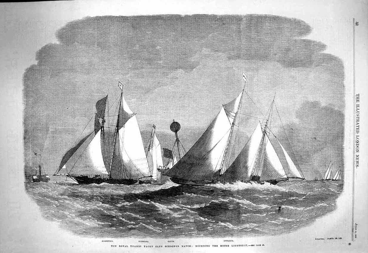 Original Old Antique Print 1863 Yacht Schooner Clyte Gloriana Mouse Lightship