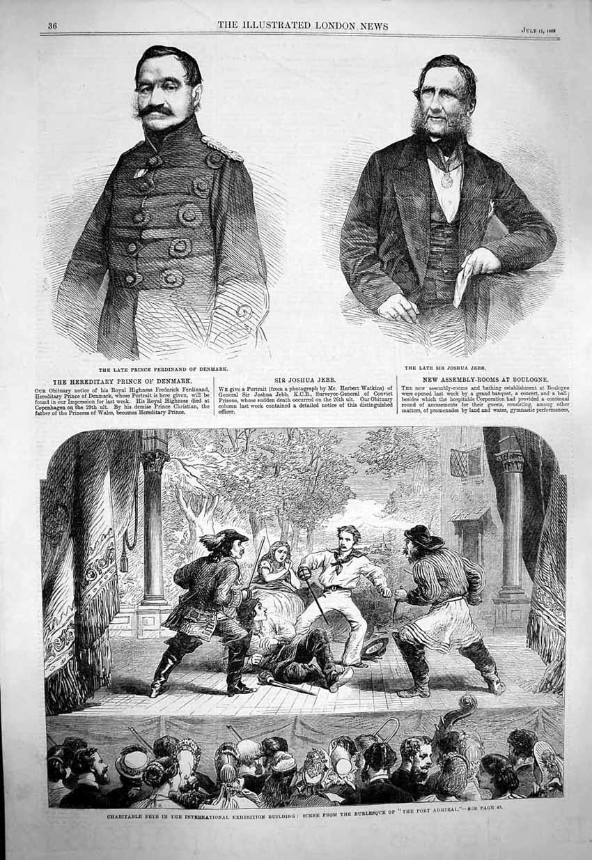 Original Old Antique Print 1863 Prince Ferdinand Denmark Joshua Jebb Theatre