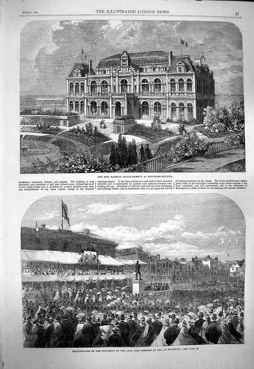 Antique Print *3809 1863 Bathing Boulogne-Sur-Mer Monument Lord Herbert Lea