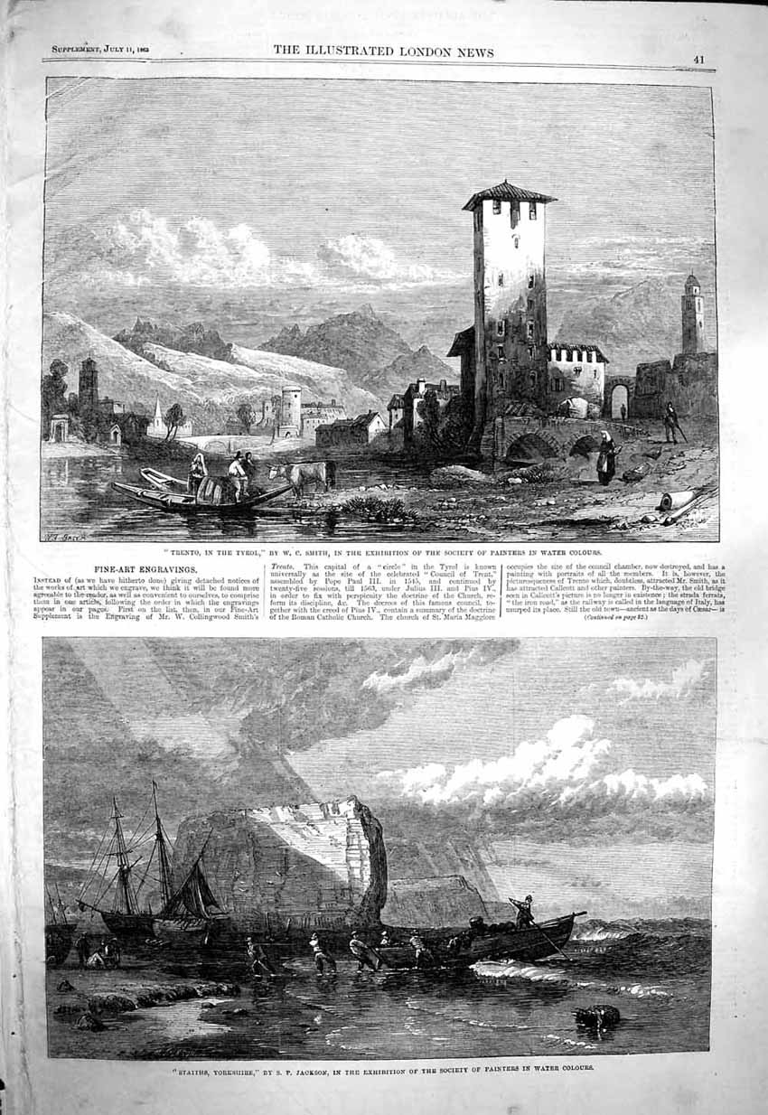 Original Old Antique Print 1863 Trento Tyrol Staiths Yorkshire Fishing Boats
