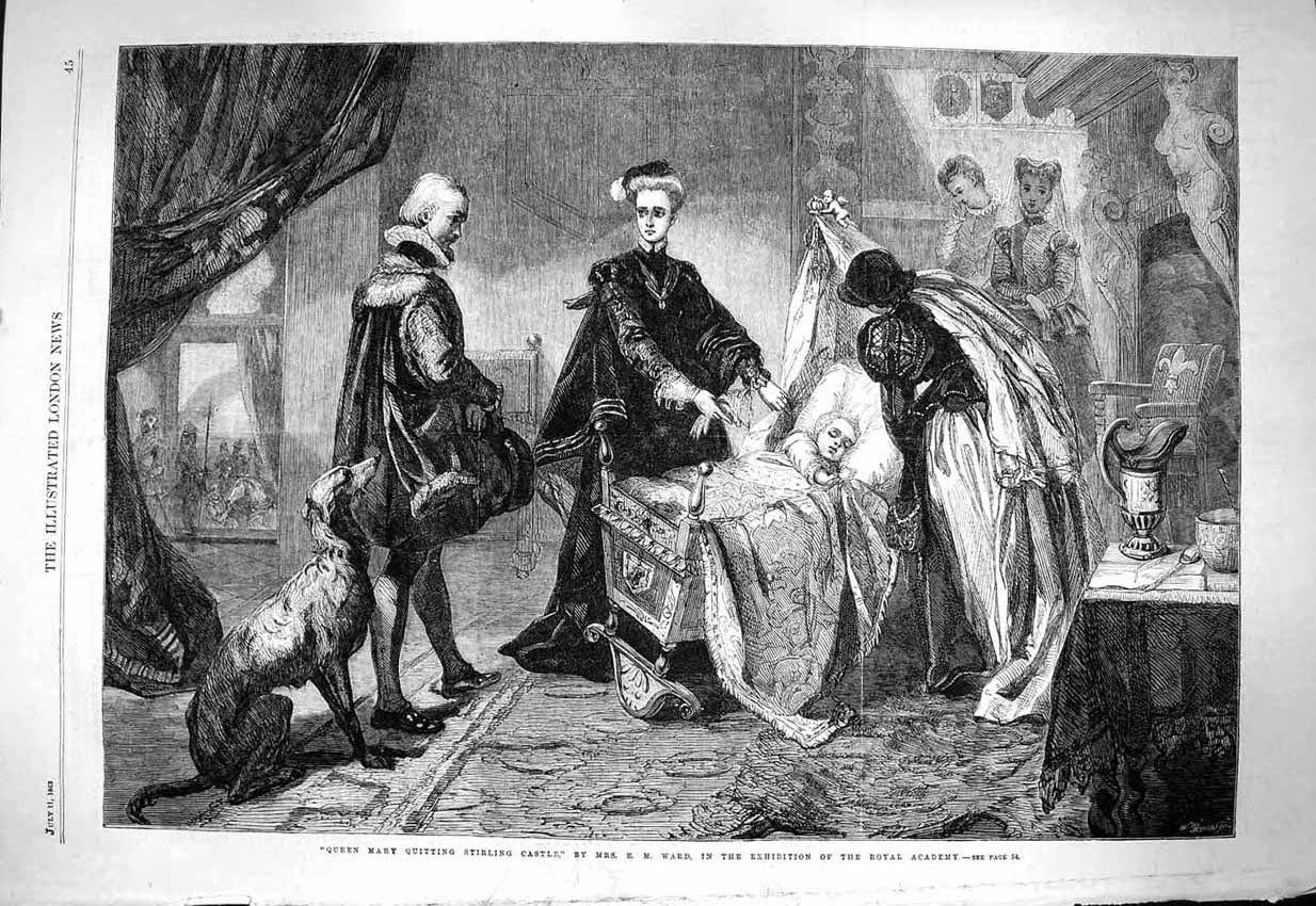 Old Antique Print 1863 Scene Queen Mary Quitting Stirling Castle Scotland 19th