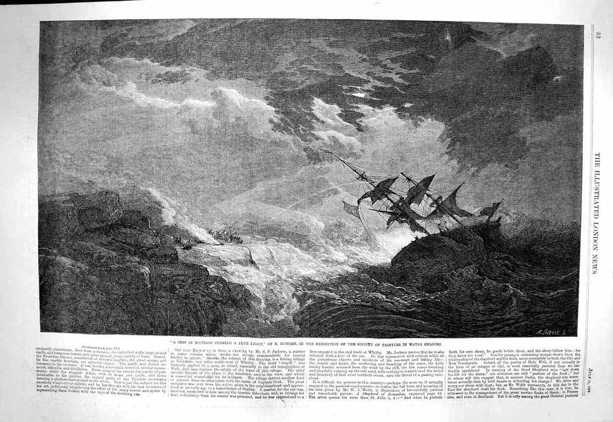 Old Antique Print 1863 Scene Ship Distress Burning Blue Light Duncan Art 19th