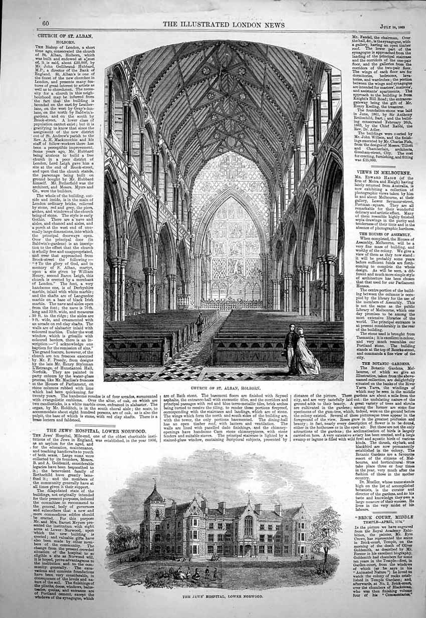 Original Old Antique Print 1863 Church St. Alban Holborn Jews Hospital Norwood