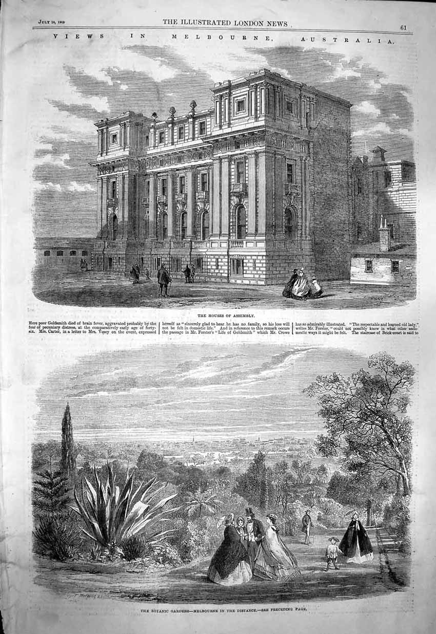 Old Antique Print 1863 Melbourne Australia Houses Assembly Botanic Garden 19th