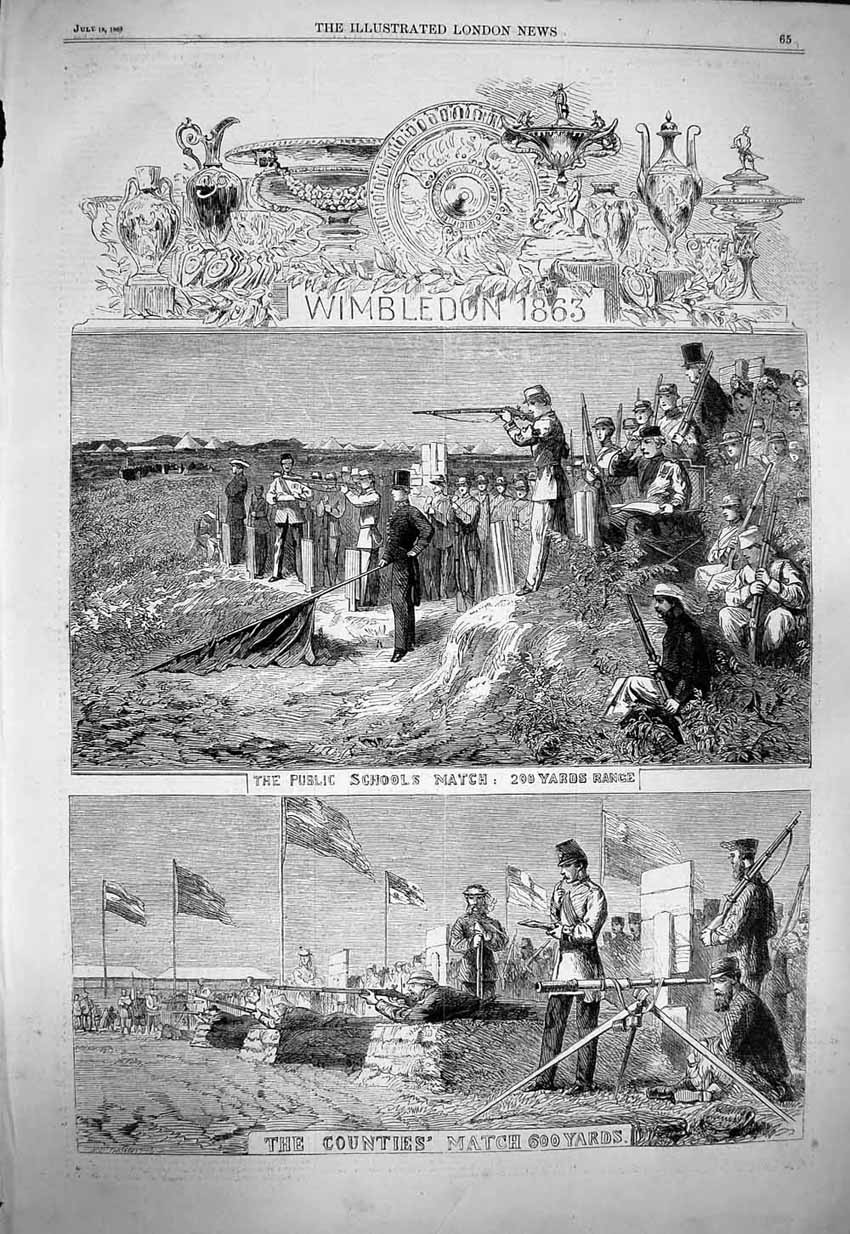 Original Old Antique Print 1863 Wimbledon Rifle Shooting Public School Counties