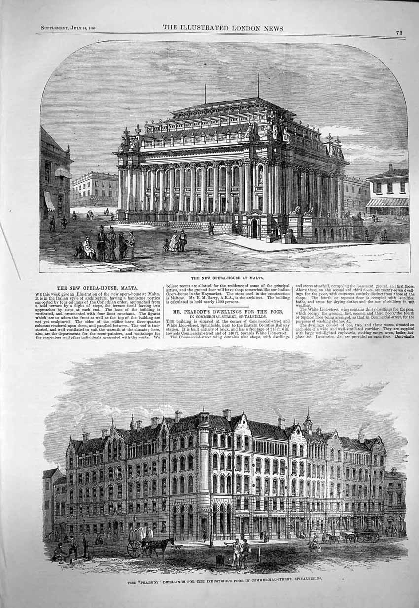 Original Old Antique Print 1863 New Opera House Malta Peabody Poor Spita 19th