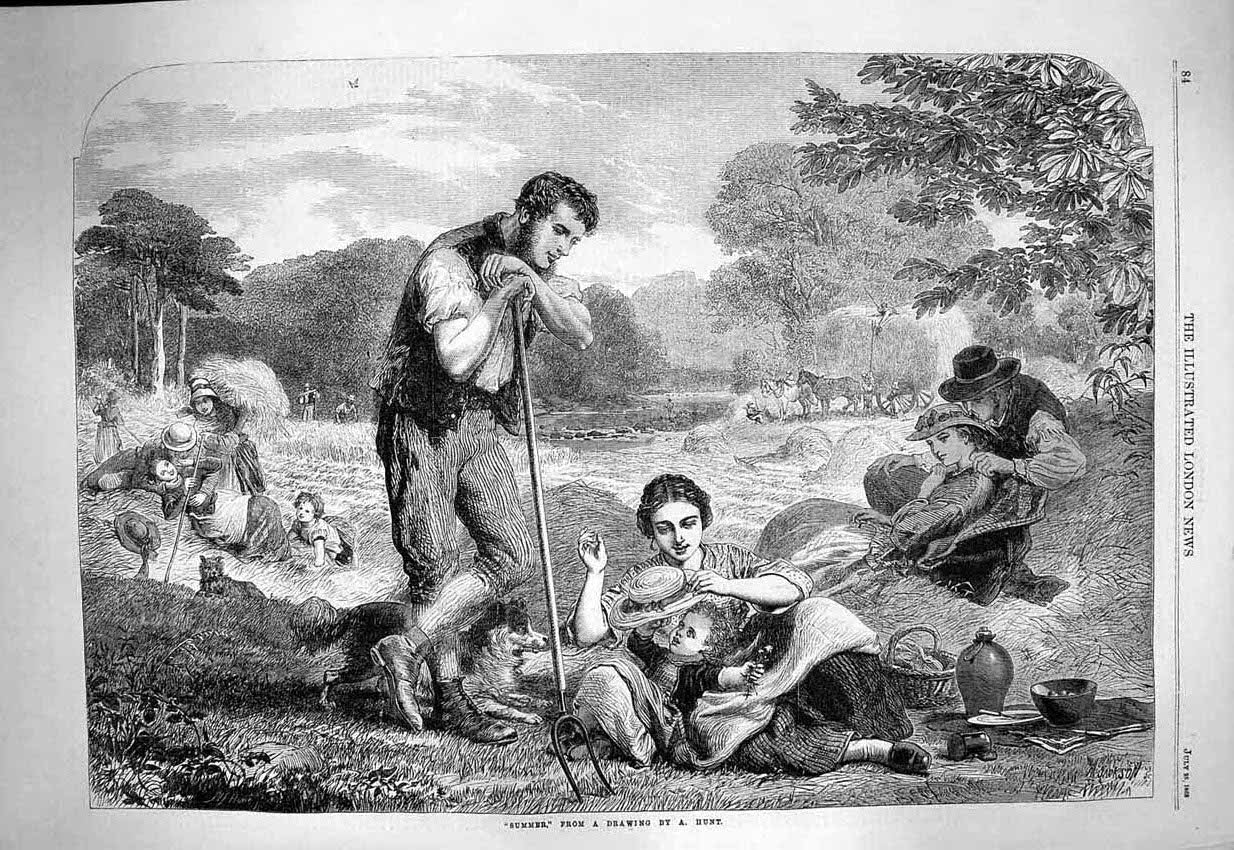 Old Antique Print 1863 Summer Scene Farming Agriculture Haymaking Family 19th