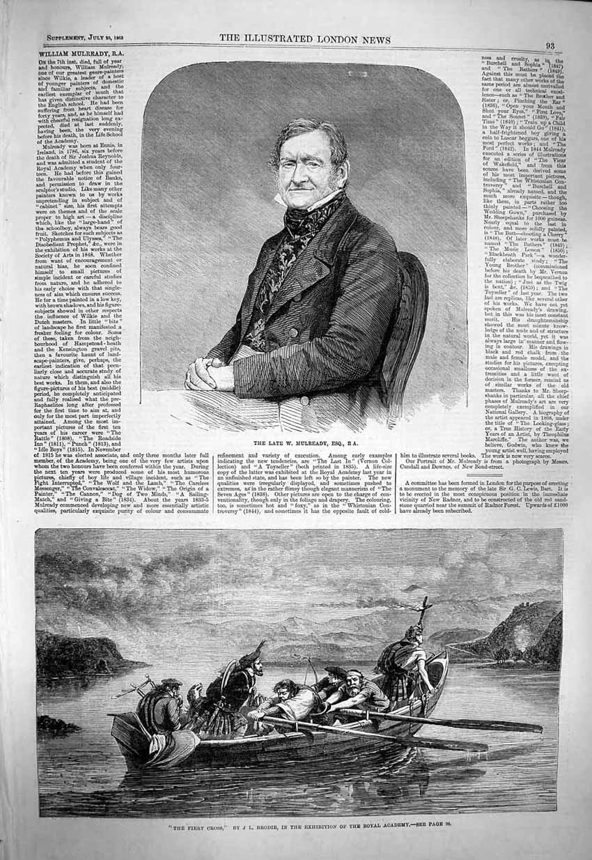 Original Old Antique Print 1863 Mulready Fiery Cross Men Boat Scotland Victorian