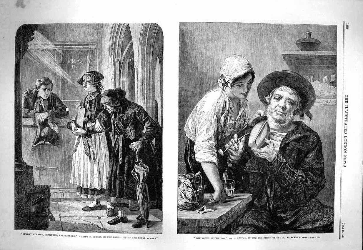 Original Old Antique Print 1863 Sunday Betzingen Knetensburg Osborn Shipwright