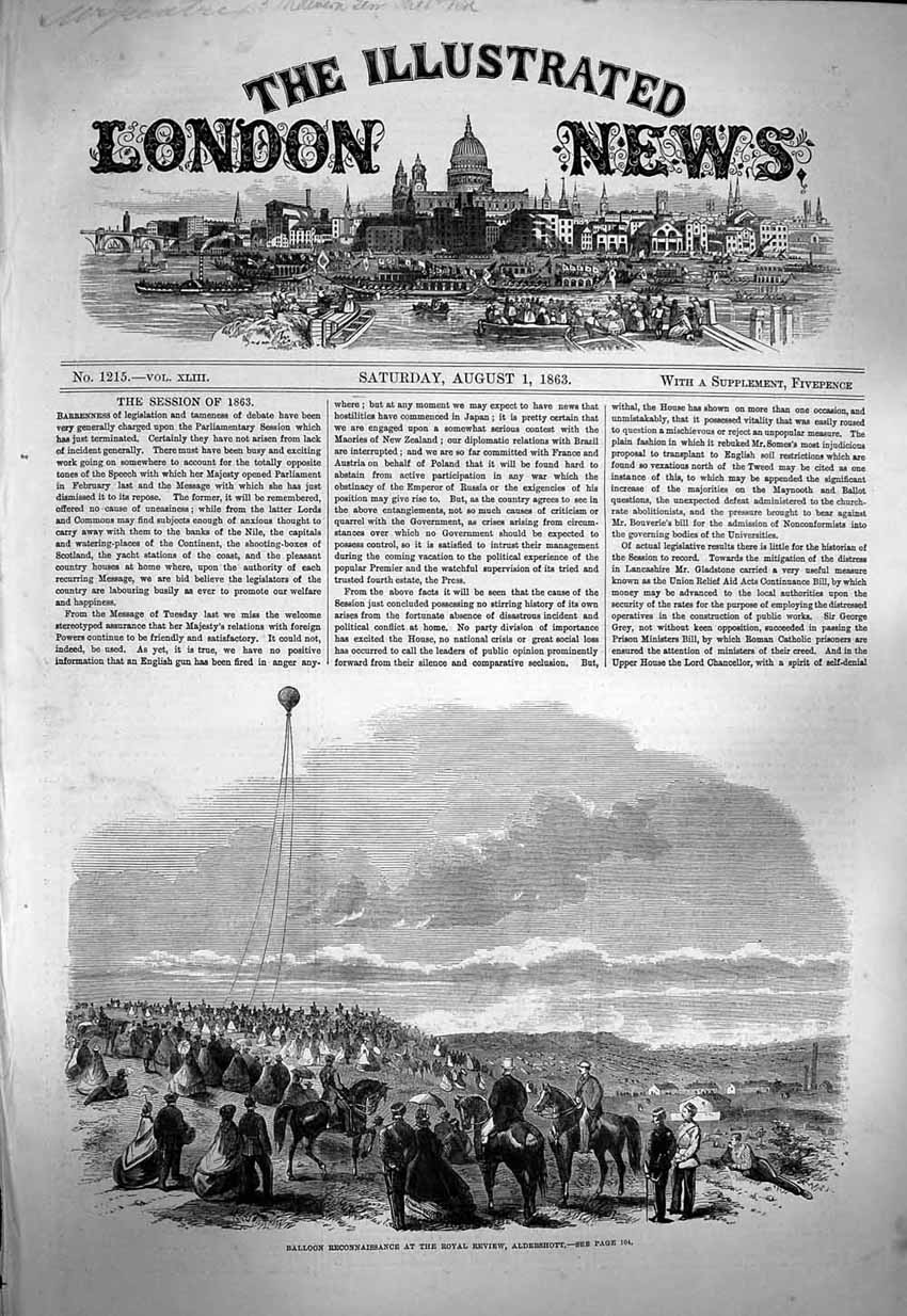 Original Old Antique Print 1863 Balloon Reconnaissance Royal Review Aldershott