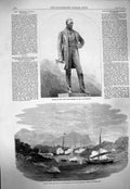 Original Old Antique Print 1863 Statue Lord Herbert Lea Salisbury Boats Flamer