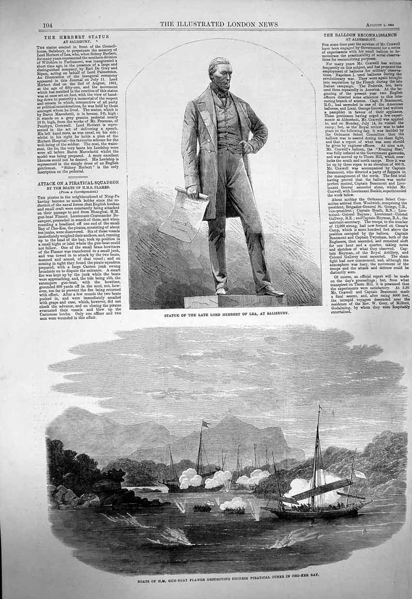 Original Old Antique Print 1863 Statue Lord Herbert Lea Salisbury Boats Flamer
