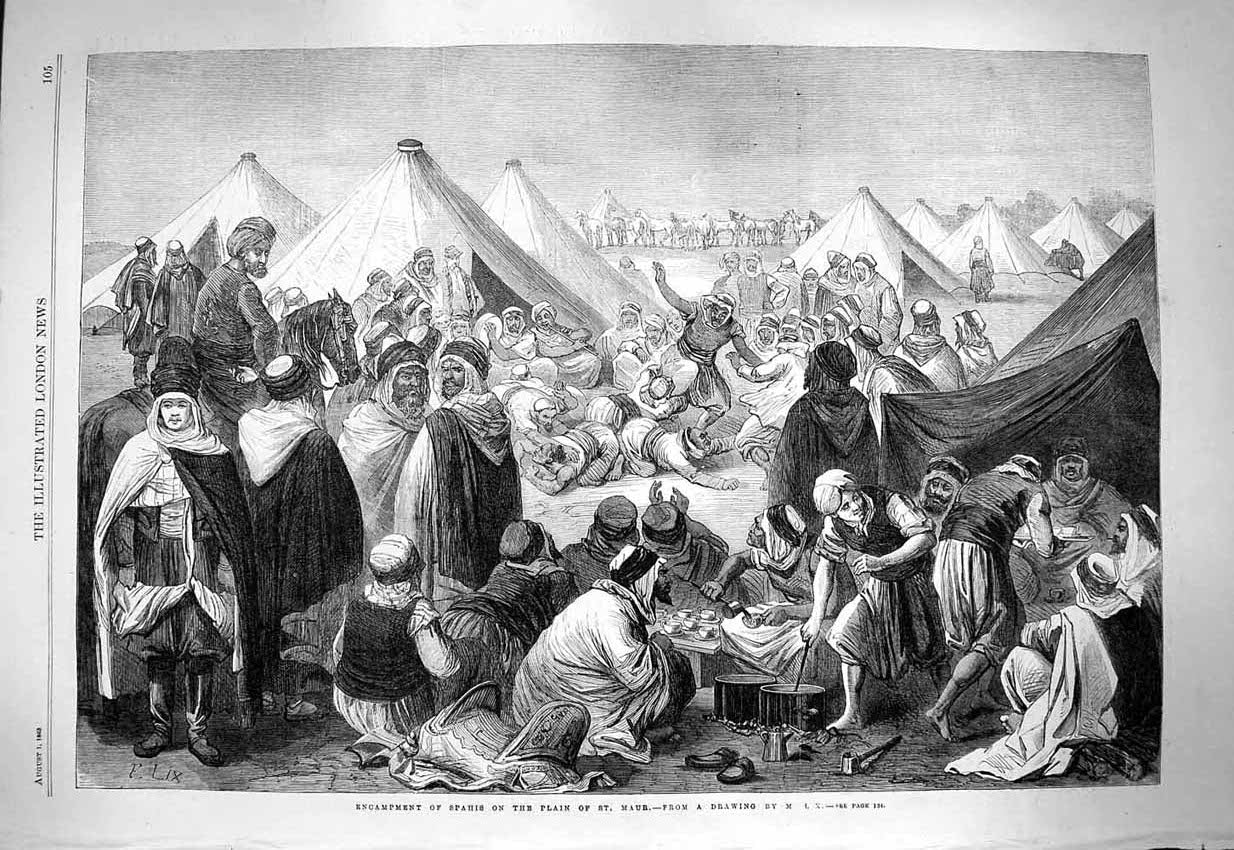 Original Old Antique Print 1863 Encampment Spahis Plain St. Maur Camp Fine Art
