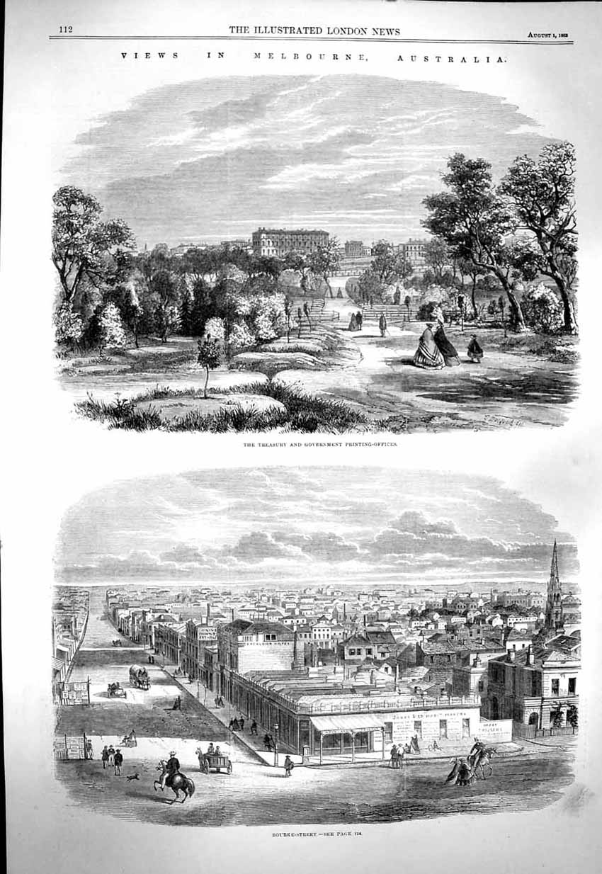 Original Old Antique Print 1863 Melbourne Australia Government Ing-Office 19th