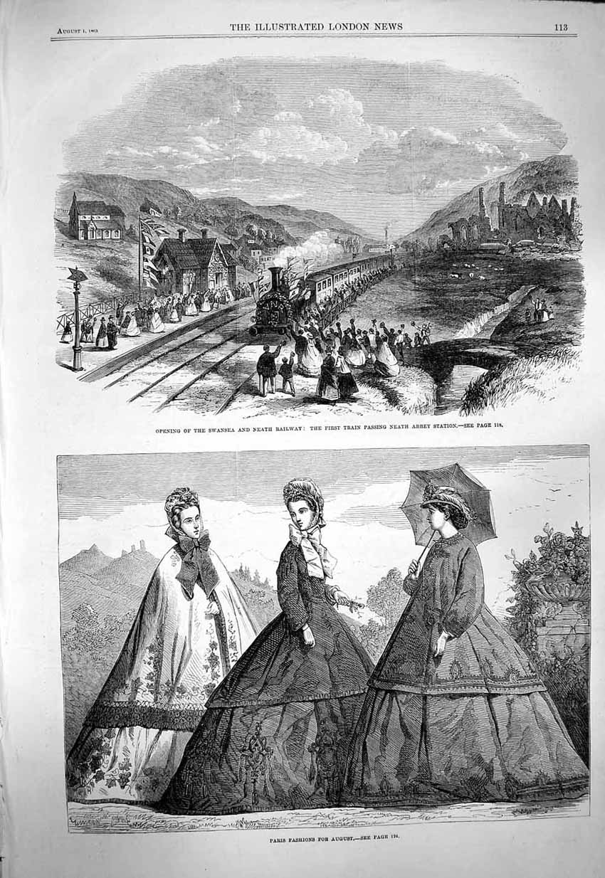 Original Old Antique Print 1863 Paris Fashion Swansea Neath Railway Train Abbey